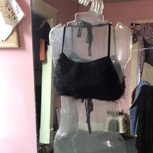 Black Fuzzy Halter Crop Top Scoop